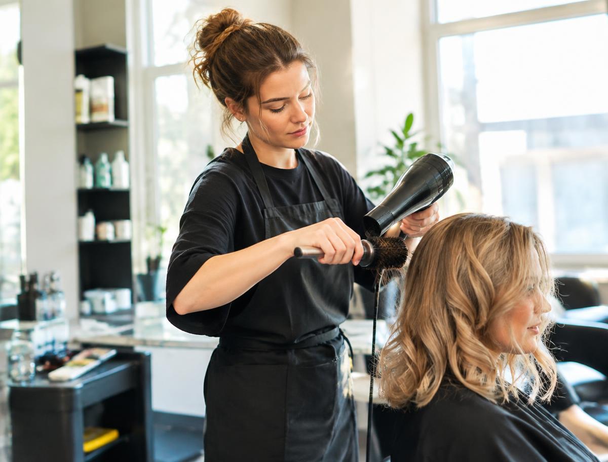 Auszubildende Friseurin beim Föhnen