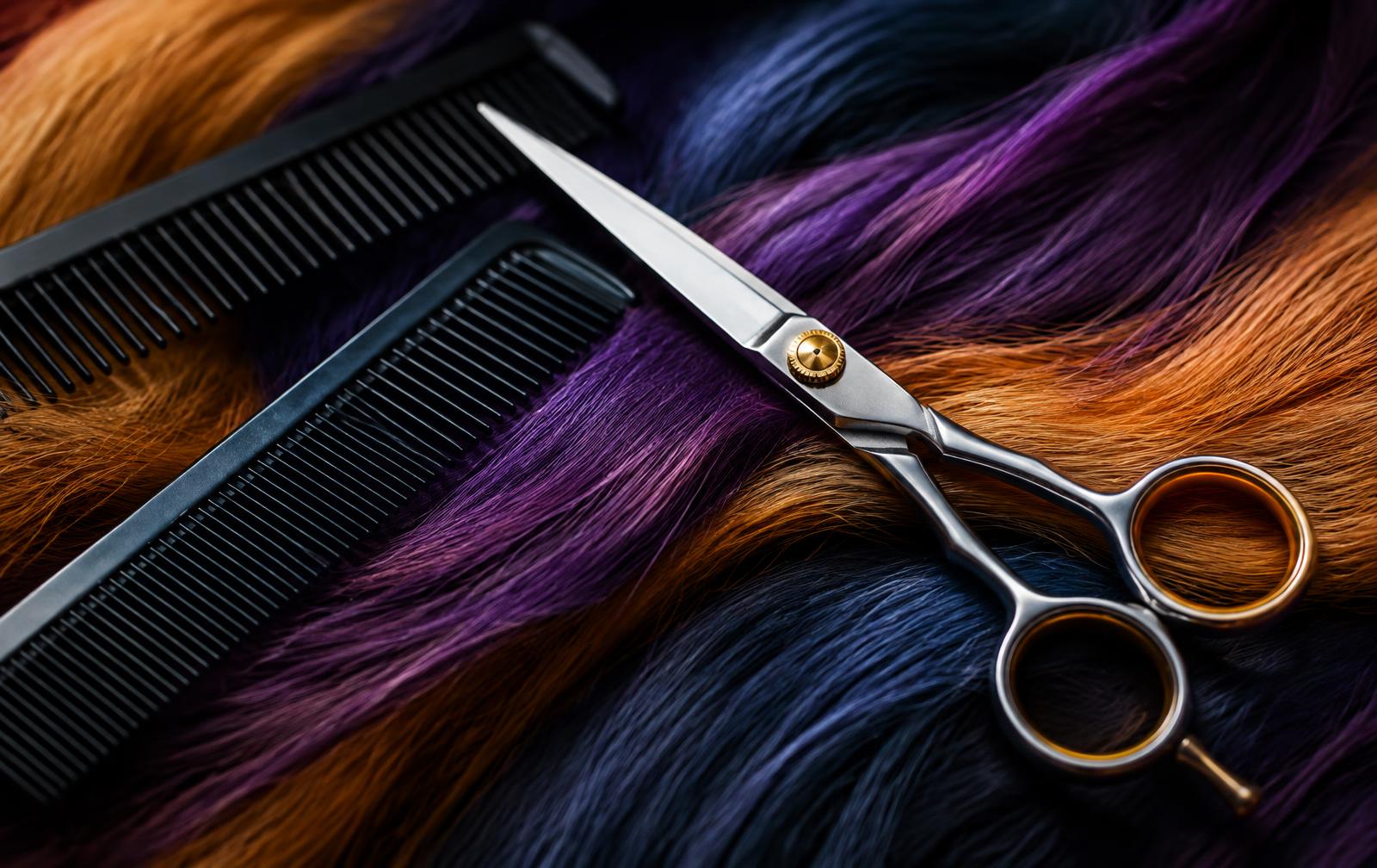 Friseurschere und Kamm auf farbigen Haarsträhnen